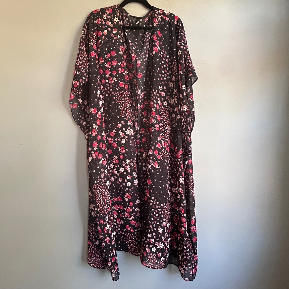 Lane Bryant Black Pink Floral Sheer Kimono Duster Wrap One Size OS
